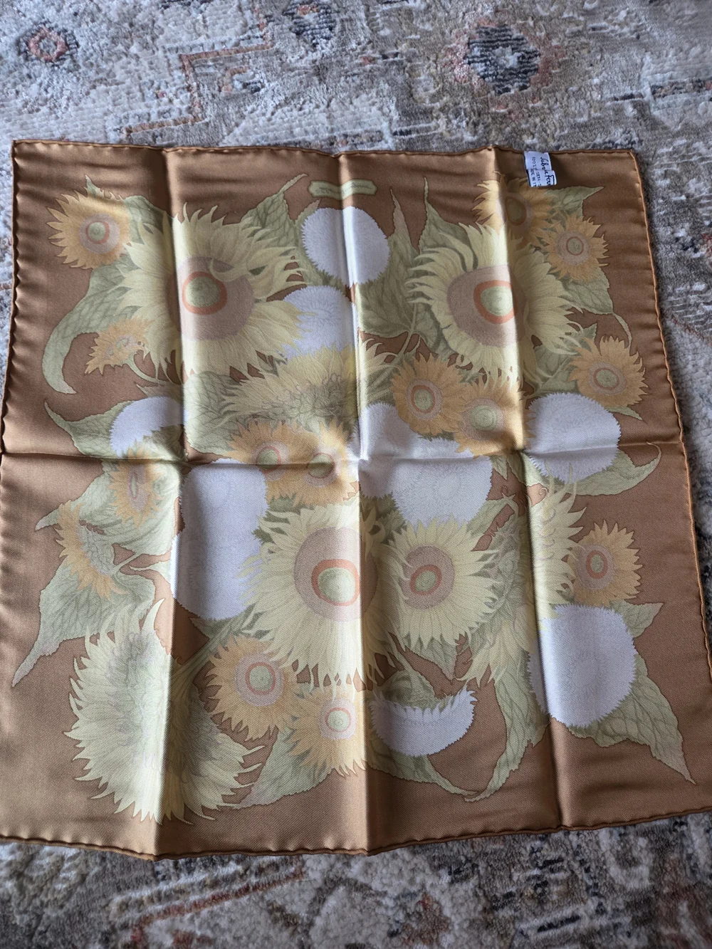 Salvatore Ferragamo Sunflower Silk Scarf in Golden Brown and Yellow